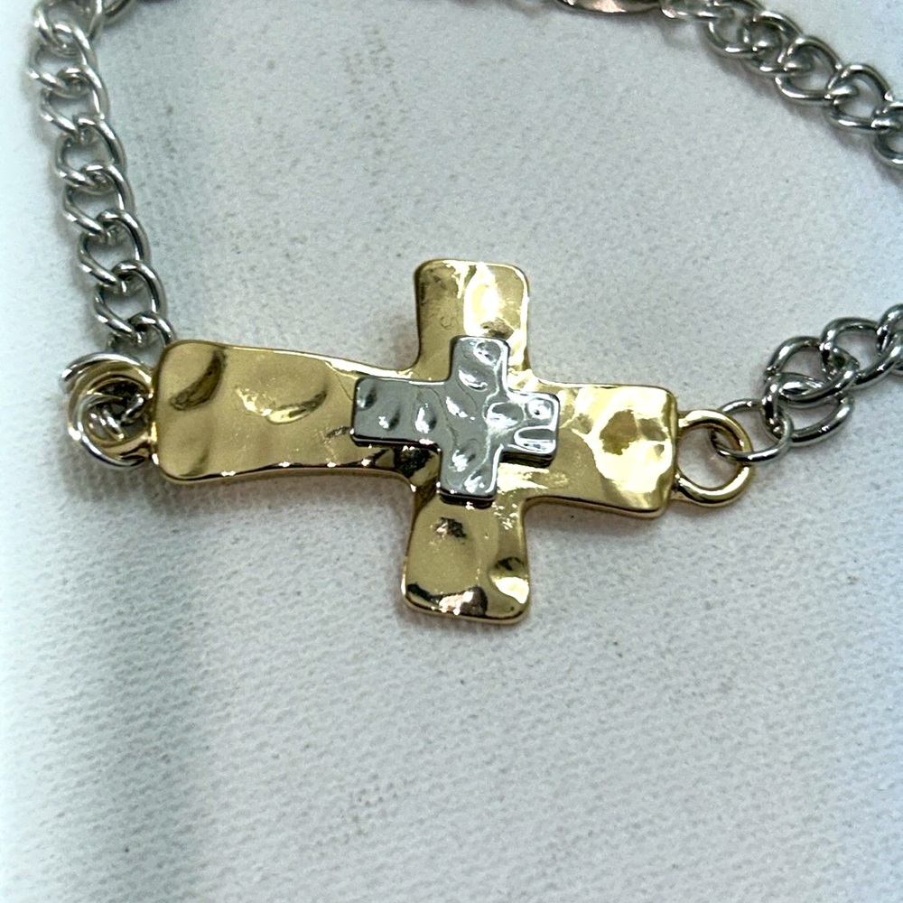 Handmade Two Tone Hammered Sideways Cross Bracelet Anklet Hypoallergenic Boho